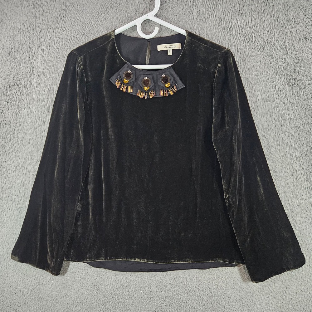Dorothee‎ Schumacher Velvet Embellished Bib Blouse Dark Olive Green Size 4 Top